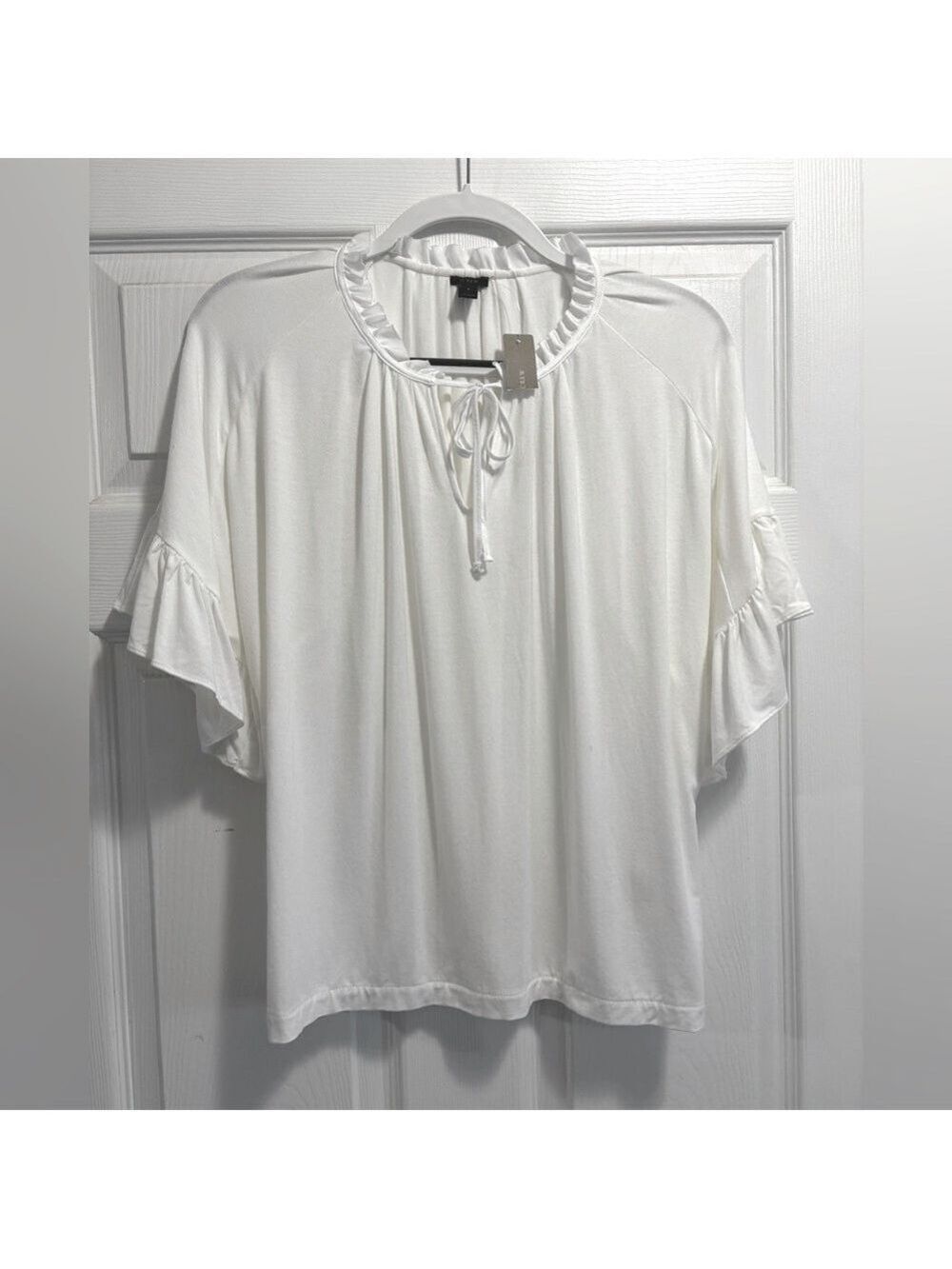NWT J.Crew Ruffle Tie Neck White Short Sleeve Oversized Top Size Small Brand New